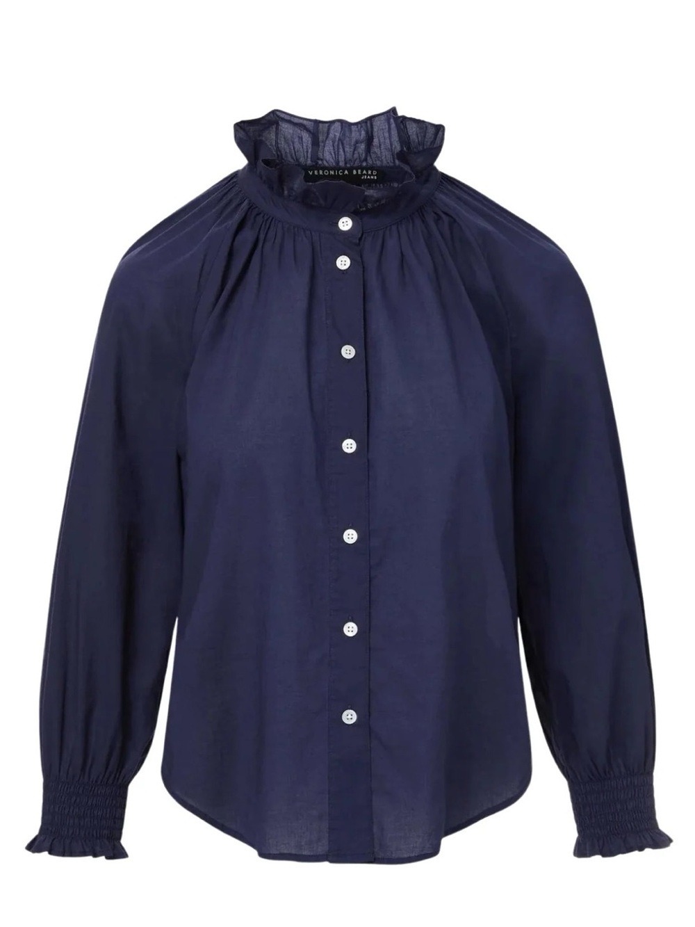 VERONICA BEARD Calisto Shirt Womens Medium Marine blue ruffle collar Luxury